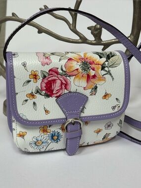 ITALIAN 100% LEATHER, Floral Crossbody purse with Lavender Trim . NWOT
